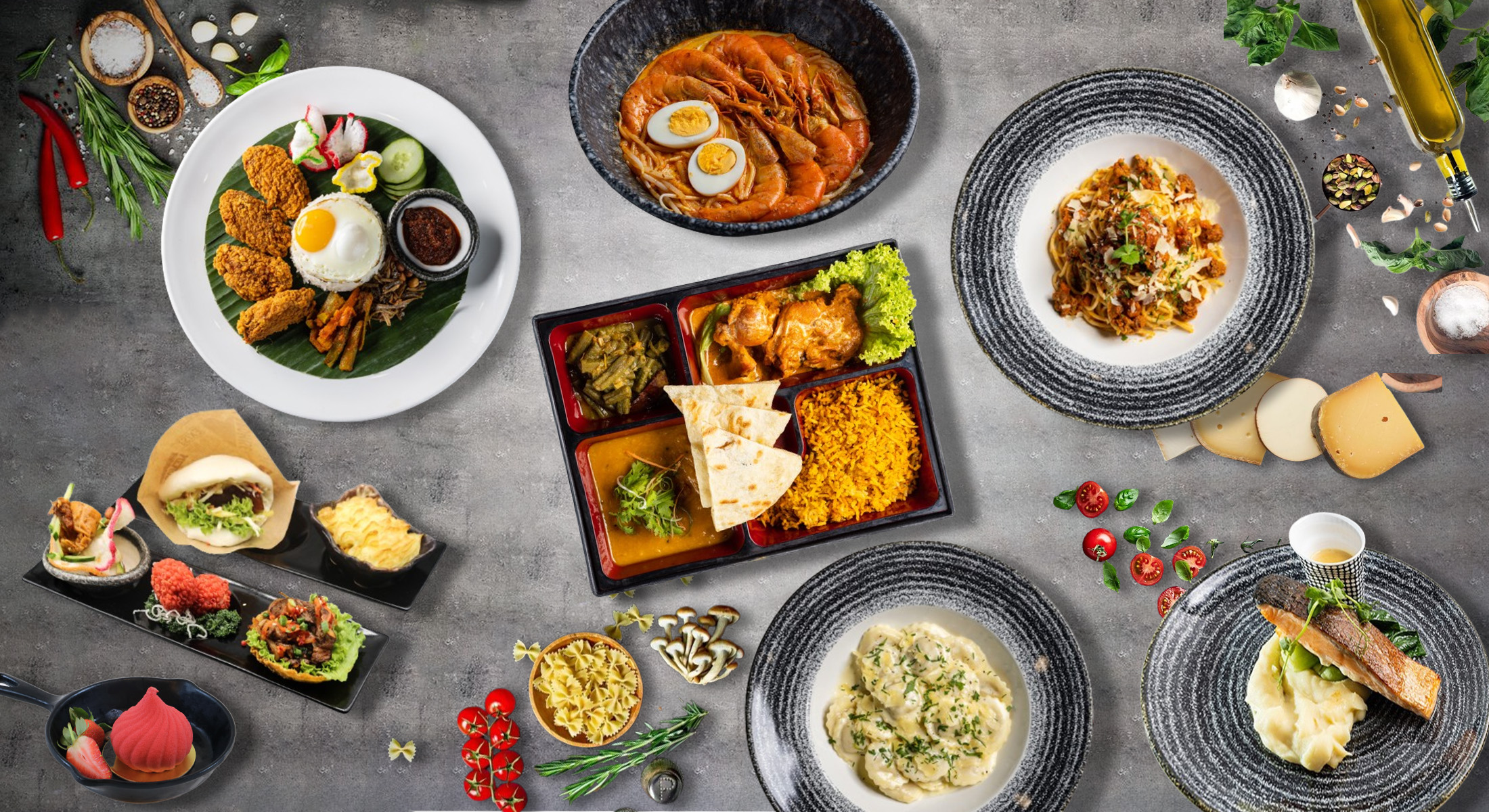 An array of local and fusion à la carte dishes, including nasi lemak, pasta, grilled salmon, bento boxes, and sushi, served on vibrant plates with garnishes.